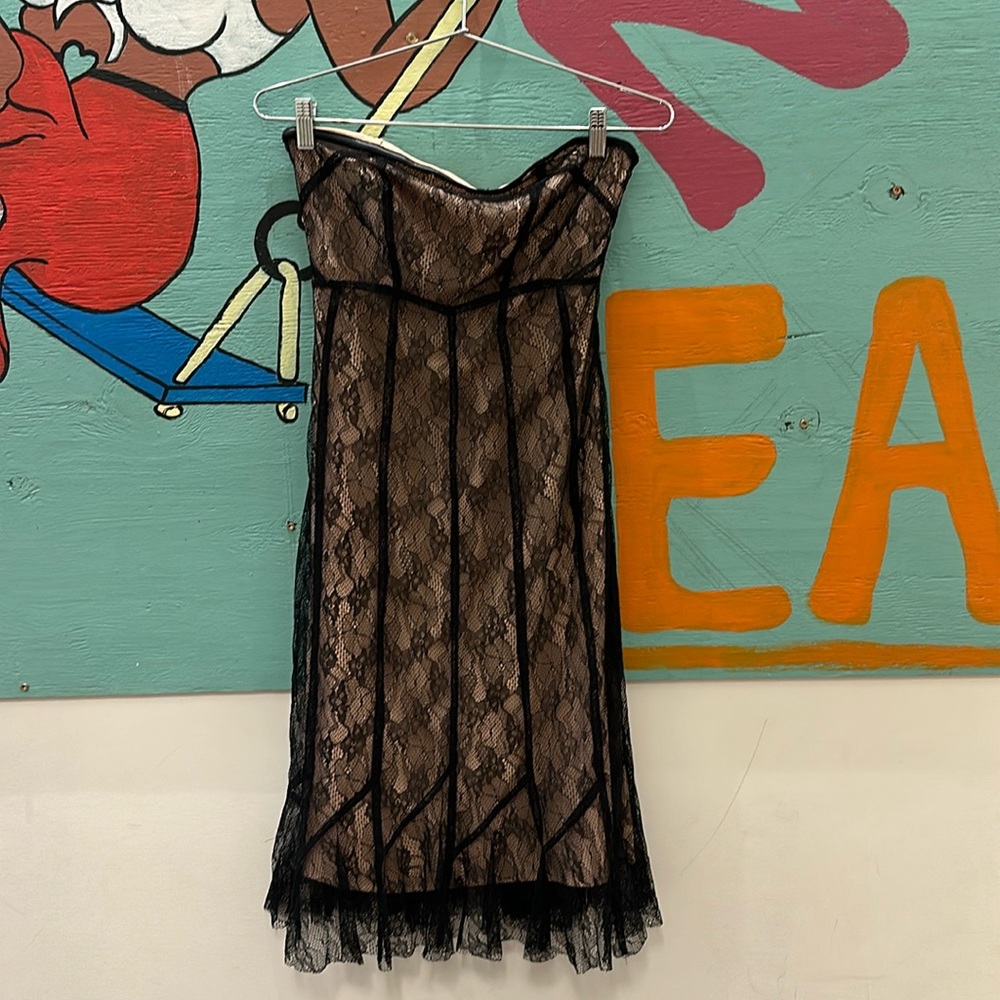 Kimchi Blue Black lace strapless dress with nude underlay / illusion / f…
